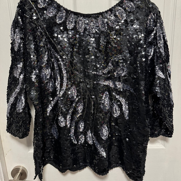 Retro Chic Tops - Vintage Black Sequin Top with Silver Leaf Design